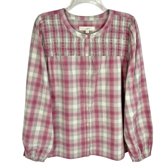 NEW Loft Pink Gray Plaid Smocked Button Front Long Sleeve Top Women’s XL - Picture 1 of 9